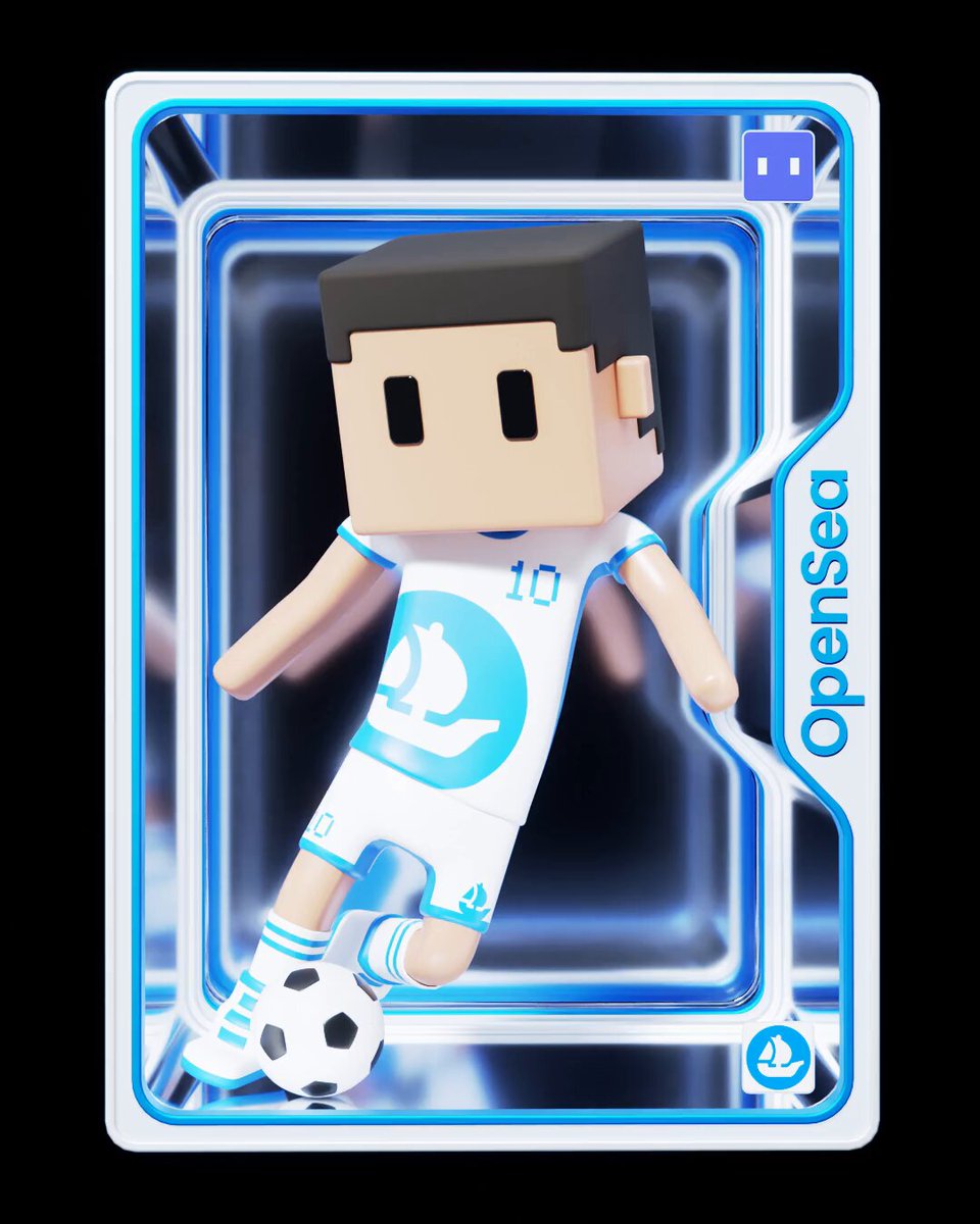 The image features a 3D rendering of a soccer player wearing a white jersey with blue stripes, standing next to a soccer ball. The player appears to be kicking the ball while inside a frame that has a blue border. The background of the image is black, and there are two small squares in the top left corner of the image. The caption "These came out so cool meebits opensea" is written below the image.