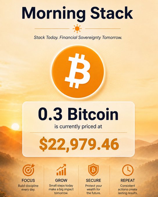 A sunrise-themed "Morning Stack" graphic features a Bitcoin logo and states that 0.3 Bitcoin is currently priced at $22,979.46. It reinforces the post's message to start accumulating Bitcoin now, displaying the core principles of Focus, Grow, Secure, and Repeat to encourage consistent buying before the price rises further.