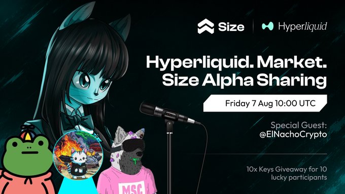 A promotional graphic for 'Hyperliquid Market Size Alpha Sharing' on Friday 7 Aug 10:00 UTC, featuring anime-style characters and special guest @ElNachoCrypto, with a 10x Keys Giveaway.