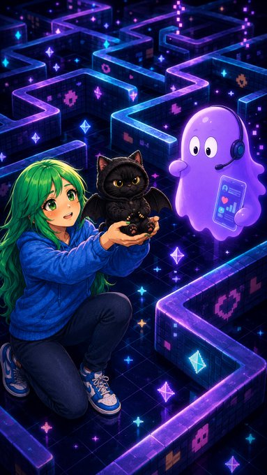 A green-haired anime girl in a blue hoodie kneels in a neon-lit maze, holding a black cat-like creature, while a friendly purple ghost wearing headphones and holding a phone (displaying a crypto/social media interface) hovers nearby. The scene's glowing, grid-based labyrinth and digital motifs visually evoke the speculative excitement of "GM" crypto culture and the bullish sentiment of being positioned for a major price run-up.