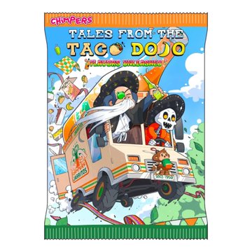 A colorful package design for 'CHISPEERS TALES FROM THE TACO DOJO' featuring cartoon illustrations of a wizard-like character, a skeleton, and a small creature riding in a flying taco truck.
