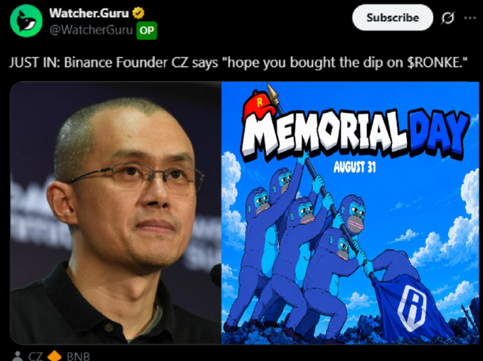 A screenshot of a tweet from @WatcherGuru reading 'JUST IN: Binance Founder CZ says "hope you bought the dip on $RONKE."', showing a photo of CZ next to a parody image of the Raising the Flag on Iwo Jima illustration with monkey heads.