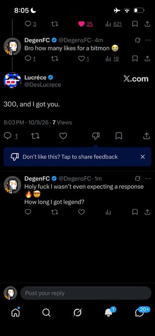 A Twitter/X screenshot showing DegenFC asking 'Bro how many likes for a bitmoji' and Lucrece replying '300, and I got you,' followed by DegenFC's excited response.