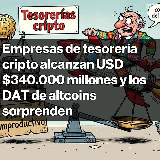 Caricature illustration of a man in a colorful suit riding a rocket ship on a scale, with Spanish text reading 'Empresas de tesorería cripto alcanzan USD $340.000 millones y los DAT de altcoins sorprenden' and a sign saying 'Tesorerías cripto'.