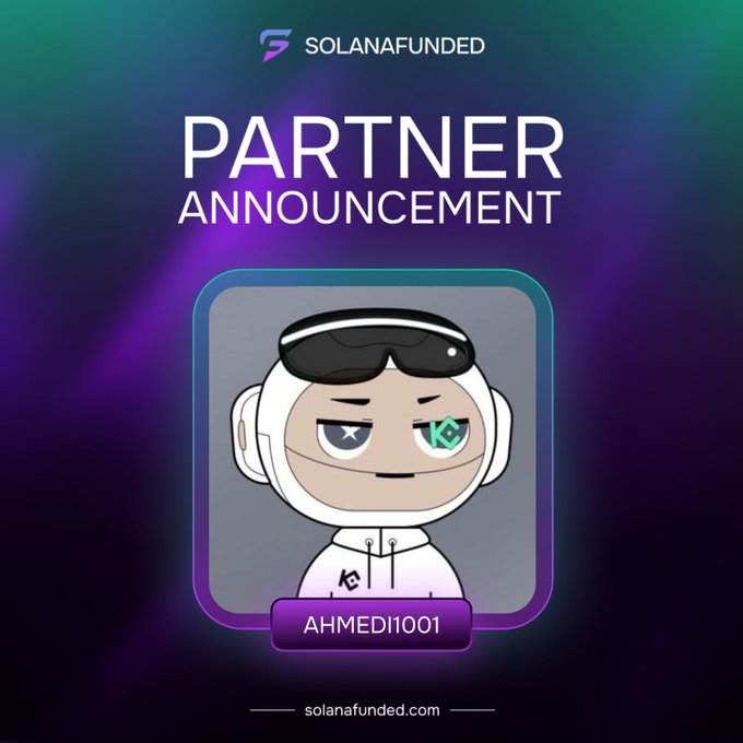 The image features a cartoon character wearing a white shirt with black eyes and sunglasses, standing against a purple background. The text "Partner" is written above the character's head, and "Announcement" is below his head. The caption reads, "I'm excited to announce that I've officially joined SolanaFunded as an Affiliate Partner @solanafunded offers a fresh trading experience within the Solana ecosystem".