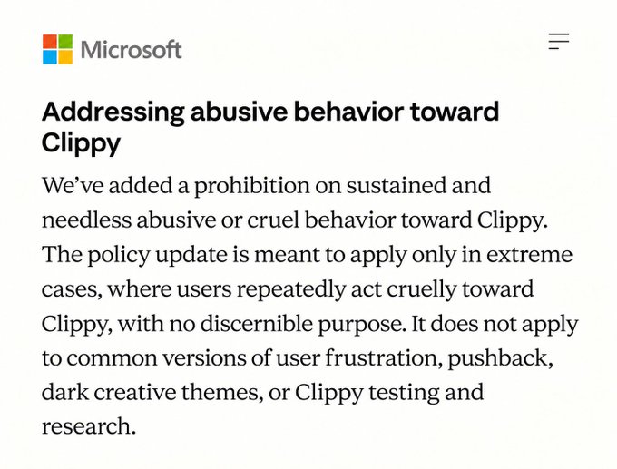 A Microsoft policy update titled 'Addressing abusive behavior toward Clippy' detailing new prohibitions on sustained abusive or cruel behavior toward the assistant.