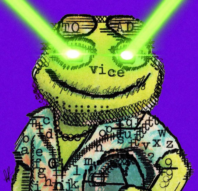 A menacing green Pepe-style toad with laser-beam eyes beams out from a purple background, with visible text fragments including "Vice" and letters like "w," "z," "x," "m," "k," and "e" printed across its body. The aggressive, laser-eyed toad visually reinforces the post's confrontational crypto hype message, where the "toads" reference maps directly onto the intimidating creature dominating the image as a mascot for the $TOADS token.
