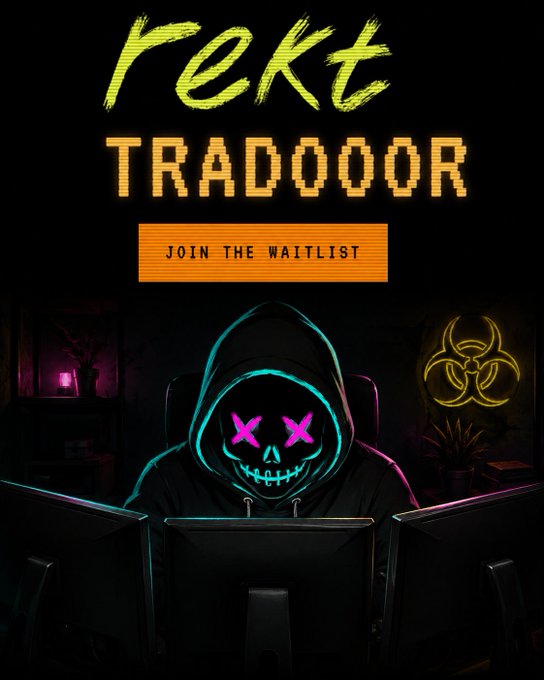 A neon-styled promotional graphic featuring a hooded figure with a glowing skull mask in front of monitors, with text reading 'rekt TRADOOOR' and a 'JOIN THE WAITLIST' button.