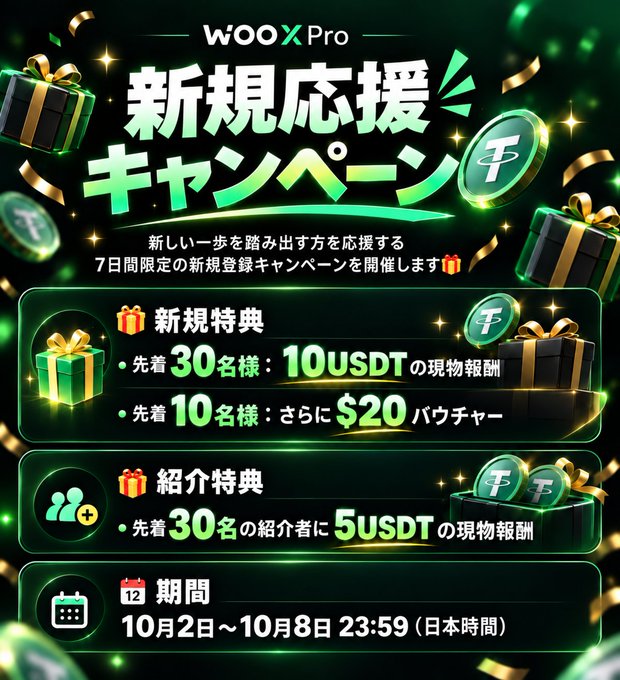 A green promotional banner for 'WOOX Pro' featuring a Japanese new user campaign ('新規応援キャンペーン') with 10 USDT rewards for the first 30 sign-ups and a $20 voucher for the first 10, plus 5 USDT referral bonuses, running from October 2 to October 8 (JST).