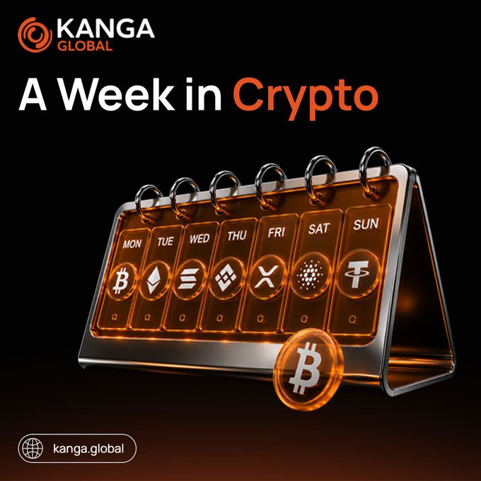 A promotional graphic for Kanga Global titled 'A Week in Crypto' featuring a glowing orange calendar displaying days of the week with various cryptocurrency logos (Bitcoin, Ethereum, Solana, XRP, Cardano, and Tether) and a Bitcoin coin in the foreground.