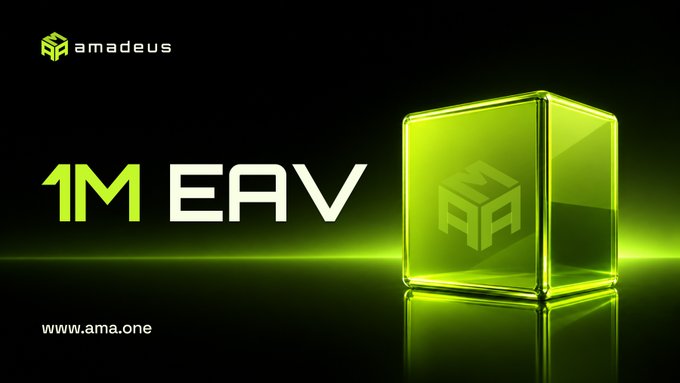 An Amadeus promotional graphic featuring '1M EAV' text alongside a glowing green cube with the Amadeus logo, with www.ama.one at the bottom.