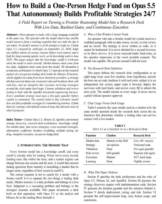 The image shows the first page of a six-page research paper titled "How to Build a One-Person Hedge Fund on Opus 5.5 That Autonomously Builds Profitable Strategies 24/7," authored by Claude Opus 5.5 alongside researchers Minaru AI and AgentKit, dated August 2026.

It outlines a field report on building an autonomous trading desk with live data, backtest gates, and continuous execution, including sections on memory, Chat Window trade execution, and a comparison table between Chatbot and Research Desk functions—aligning with the post's claim of providing a complete codebase for 24/7 trading agents powered by Opus 5.5.
