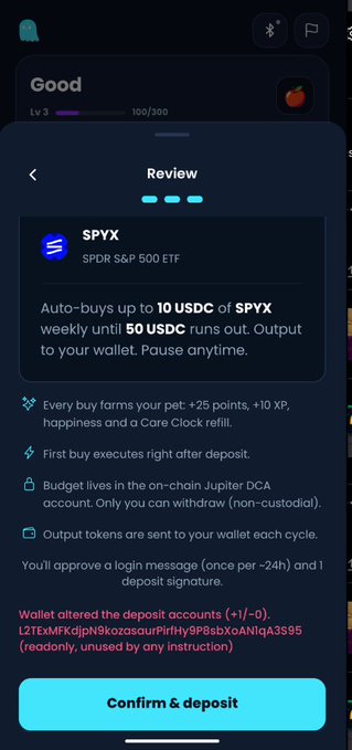 A mobile app screenshot showing a review screen for an automated SPYX (SPDR S&P 500 ETF) DCA buying plan that auto-buys up to 10 USDC of SPYX weekly until 50 USDC runs out, with a "Confirm & deposit" button.