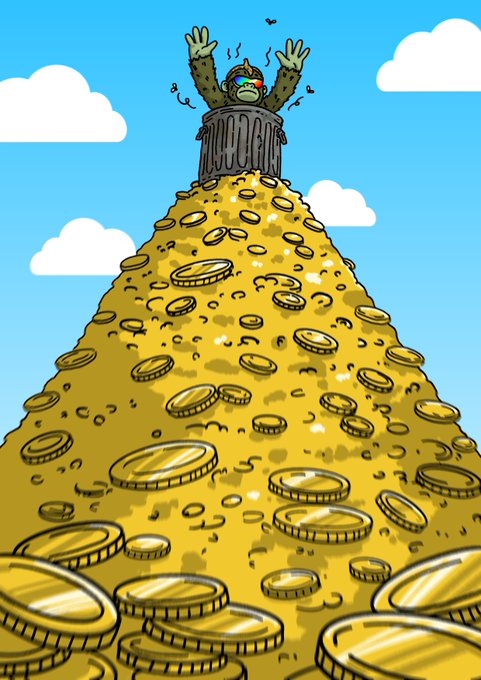 A monkey in sunglasses sits atop a literal dump truck full of gold coins, symbolizing the $DUMPSTR launch and airdrop. The image relates to the post by visually representing the abundance of coins being distributed.