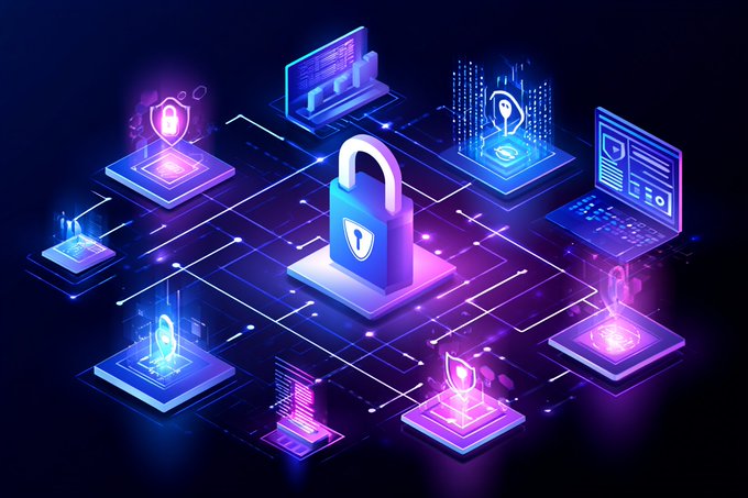 A stylized digital illustration depicting a central padlock icon connected to various devices including laptops, smartphones, and security shield symbols, representing cybersecurity and network protection.