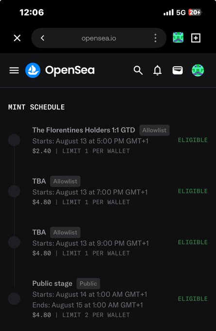 The image shows an OpenSea mint schedule page on opensea.io displaying four mint phases for "The Florentines Holders" and others, with allowlist prices starting at $2.40 at 5:00 PM GMT+1 on August 13, and a public stage from August 14-15 at $4.80, with all phases marked "ELIGIBLE." This confirms the user's eligibility to mint Galleria NFTs during the allowlist stages, supporting the post's excitement about securing a mint spot.