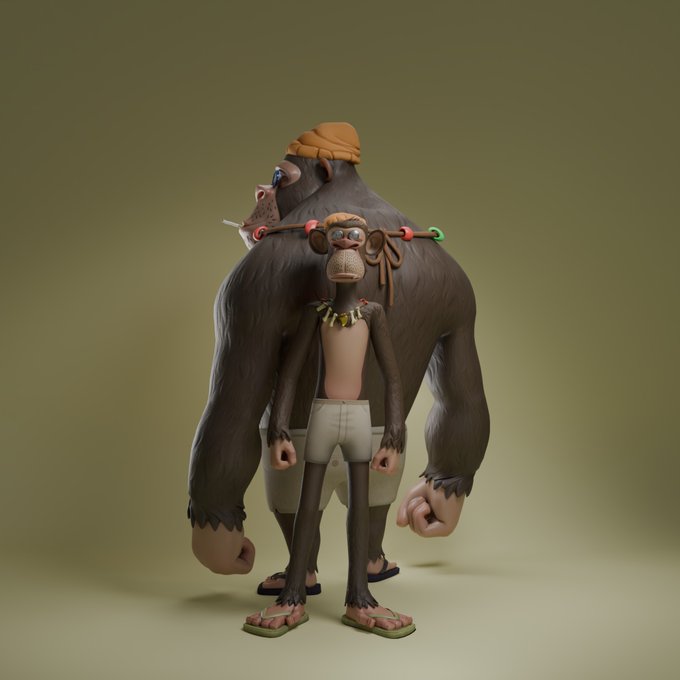 The image features a gorilla and an anthropomorphized monkey standing side by side, possibly posing for a picture or drawing. The monkey has a hat and is wearing shorts that are too big for its feet. It also wears flippers on its feet. Both characters appear playful, creating a fun atmosphere in the scene.