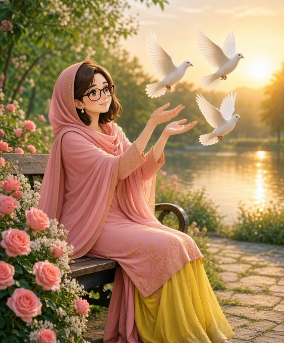 A digital illustration of a smiling woman in a pink and yellow traditional outfit sitting on a bench in a garden, reaching out toward three white doves at sunset.