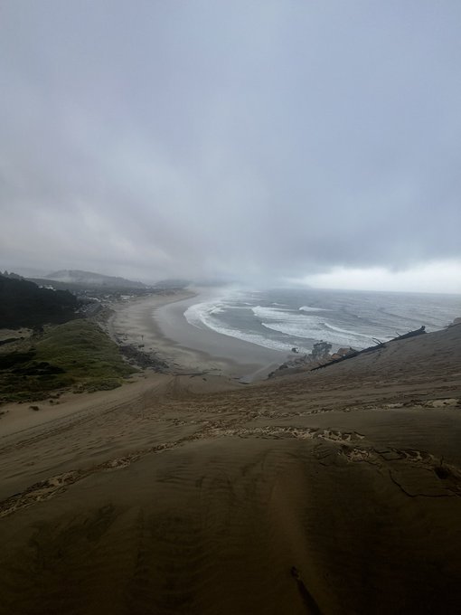 A moody landscape photograph captures a wide sandy beach with tire tracks in the dunes, distant mountains, and ocean waves under a gray, overcast atmosphere.
