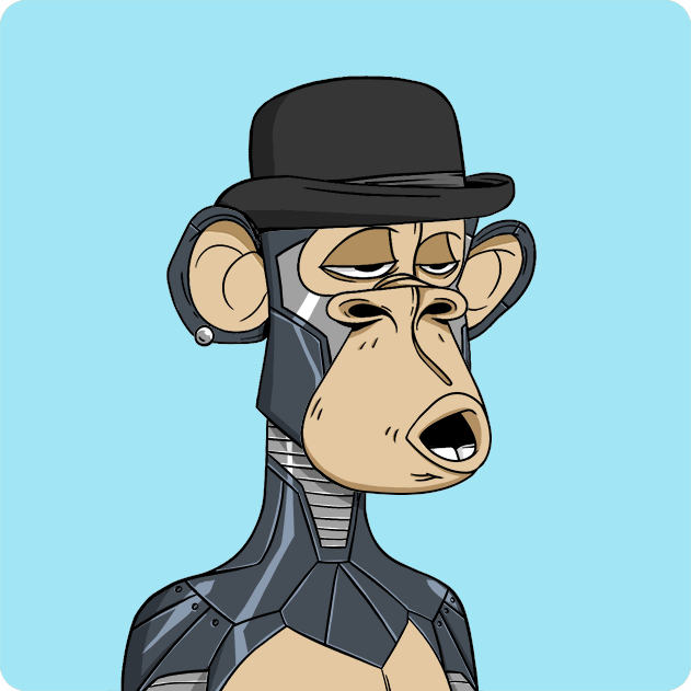 A digital illustration of a robotic monkey character wearing a black bowler hat, depicted from the chest up against a solid light blue background.