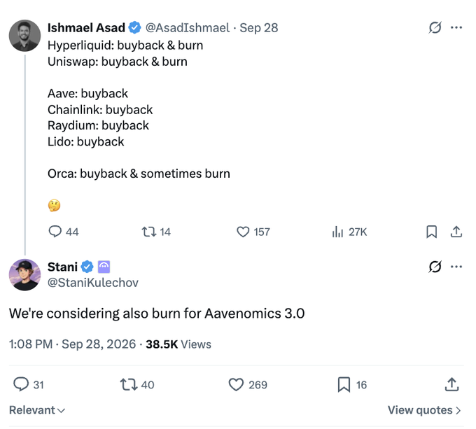 A Twitter thread from Ishmael Asad listing cryptocurrency tokenomics for Hyperliquid, Uniswap, Aave, Chainlink, Raydium, Lido, and Orca, with a reply from Stani considering burns for Aavenomics 3.0.
