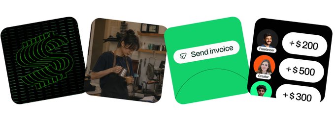 A collage of four app interface screens showing a dollar sign logo, a person working, a green 'Send invoice' button, and freelancer rates of $200, $500, and $300.