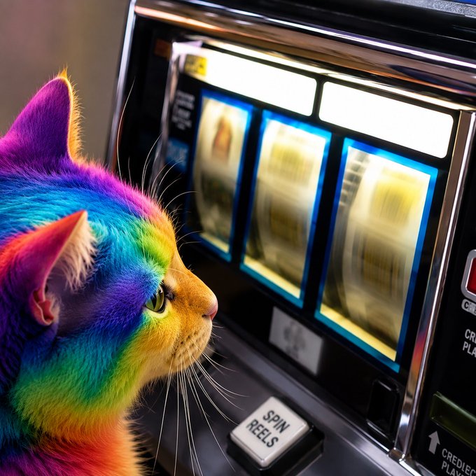 Colorful rainbow-furred cat looking at a spinning slot machine with a 'SPIN REELS' button visible.
