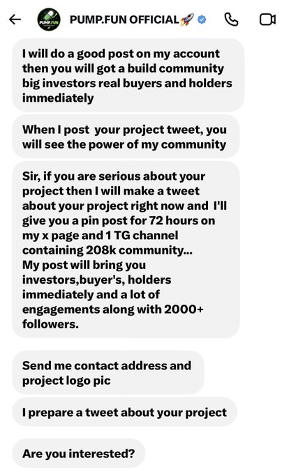 A Telegram message thread from 'PUMP.FUN OFFICIAL 🚀' pitching promotional services, claiming a 208k community that will deliver 'investors, buyers, holders immediately' for a 72-hour pin post.