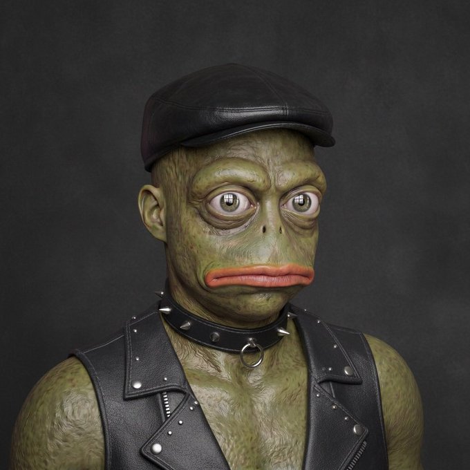 A 3D rendered character portrait of a green-skinned humanoid fish creature wearing a black leather cap, studded collar, and black leather vest against a dark background.