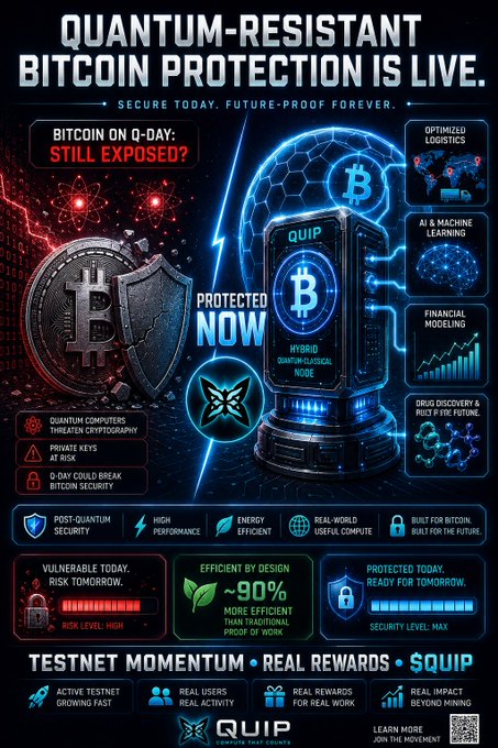 The image features a poster promoting Quantum-resistant Bitcoin protection. The poster includes two illustrations of Bitcoin symbols - one representing a traditional Bitcoin symbol and another depicting a blue, futuristic design with a hexagon shape. The text on the poster emphasizes the importance of securing Bitcoin transactions using quantum-resistant protocols, stating that Bitcoin is now protected by Q-Day. The poster also mentions that Arch Network has just released a post about Quantum-resistant Bitcoin wallets via Q-Day and encourages users to focus on what's in the image and how it relates to the post.