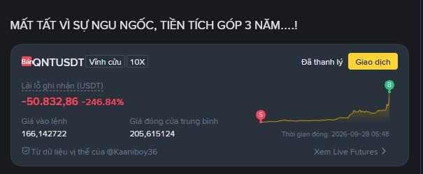 A screenshot of a crypto trading loss showing 'QNTUSDT' with a -246.94% loss and a realized profit/loss of '-50,832.86', with Vietnamese text above mocking the poor investment decisions.