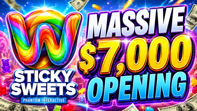 A vibrant promotional graphic announces a "MASSIVE $7,000 OPENING" for the "STICKY SWEETS" slot game by Phantom Interactive, featuring a colorful "W" logo surrounded by candy, gold coins, and cash, tying directly to the Stake giveaway posted by Rinse Gaming.