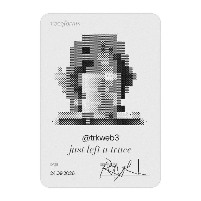 A digital trading card titled 'traceforms' from @trkweb3 with the text 'just left a trace', dated 24.09.2026, featuring a halftone pixelated character.