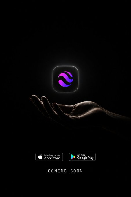 A dark promotional poster showing a hand holding a glowing app icon with a purple/pink swirl, featuring 'Download on the App Store' and 'GET IT ON Google Play' buttons, with 'COMING SOON' text.