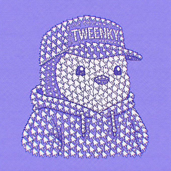 A pixelated, mosaic-style digital portrait of a character wearing a cap with the text 'TWEENKY' in white and purple tones on a lavender background.