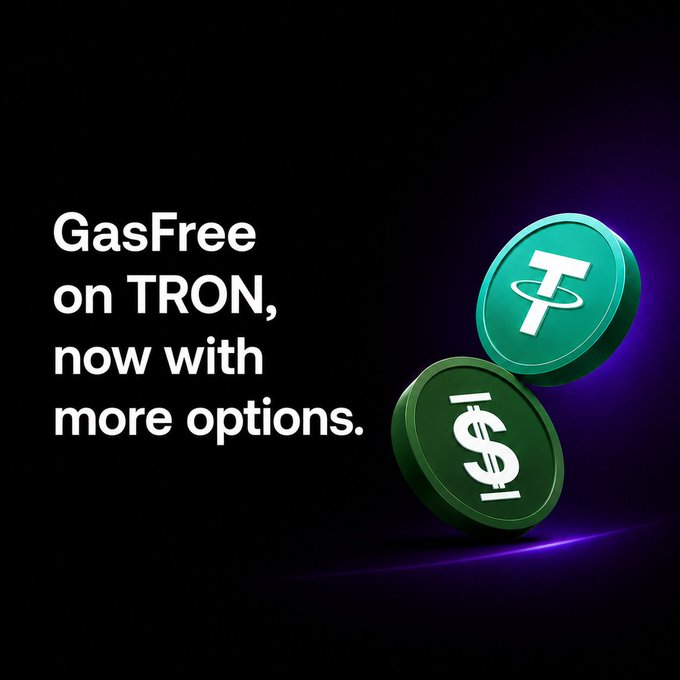 A promotional graphic with text 'GasFree on TRON, now with more options.' alongside two green 3D coins featuring the TRON and USDT logos on a dark purple background.