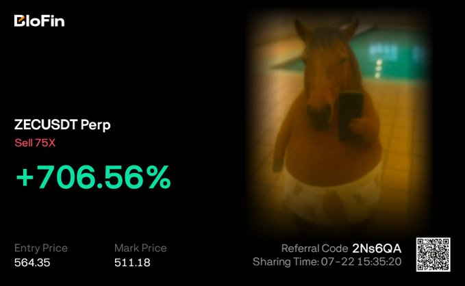 BloFin promotional screenshot highlighting a successful ZECUSDT Perp short trade (Sell 75X) with a +706.56% gain, entry price 564.35, and referral code 2Ns6QA.