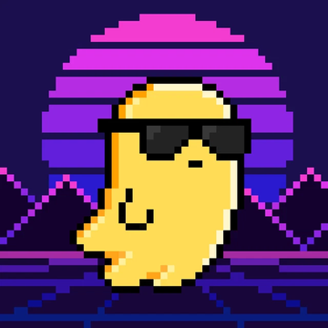 A pixel art avatar of a smiling crescent moon wearing black sunglasses, set against a retro 80s-style background with a striped sun and purple mountains.