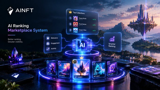 A promotional graphic for 'AINFT' displays an 'AI Ranking Marketplace System' featuring 'Top Collections' like 'Space Sluts,' 'Pixel Heroes,' and 'Ocean Vibes' alongside metrics for Relevance, Engagement, and Activity.