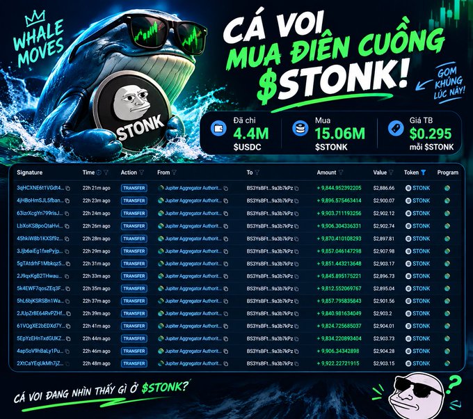 A cryptocurrency promotion titled 'CÁ VOI MUA ĐIÊN CUỒNG $TONK!' displays transfer data for the TONK token with a current price of $0.295.