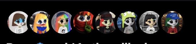 A row of circular profile pictures featuring various character avatars, including designs with a teddy bear, rainbow hair, red hood, baseball cap, skull mask, and a figure wearing a shirt reading "LOVE" and "PEACE." The playful and colorful avatars match the casual, enthusiastic tone of the "Yoooo" caption.