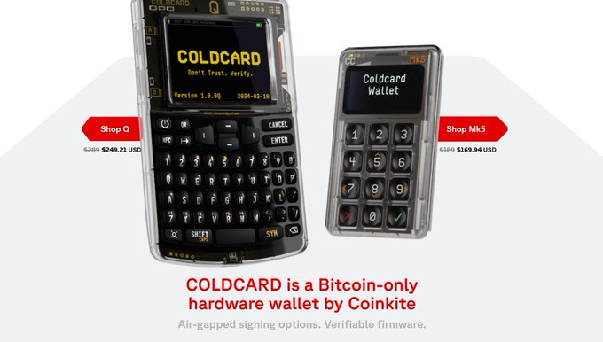 The image shows Coinkite's COLDCARD Q and Mk5 Bitcoin-only hardware wallets, priced at $249.21 USD (discounted from $289) and $169.94 USD (discounted from $189) respectively, with marketing text highlighting "Air-gapped signing options. Verifiable firmware." The image reinforces the post's point that Coldcard is a Bitcoin-exclusive hardware wallet, explaining why the vulnerability only impacted Bitcoin holders—since users who specifically purchase Coldcards do so solely to hodl BTC and avoid altcoins or DeFi altogether.