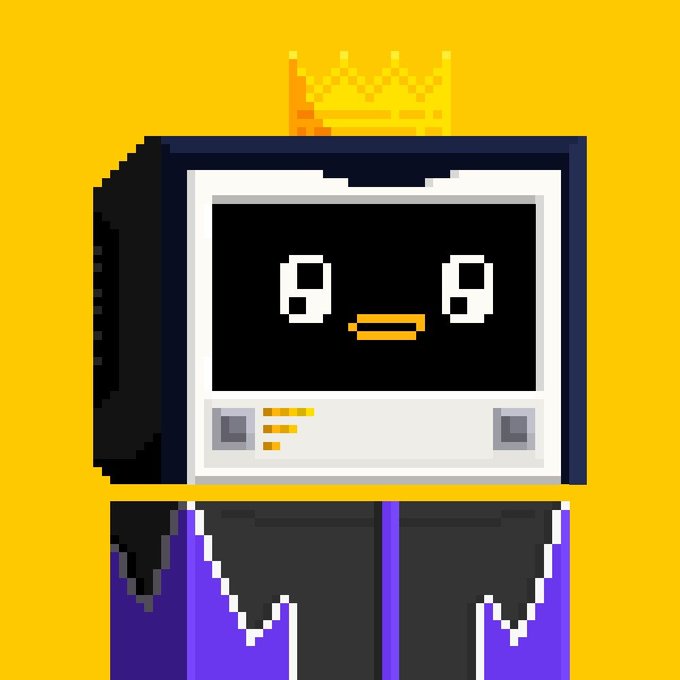 A pixel art illustration of a character resembling a penguin wearing a gold crown on a yellow background, with a black face displaying pixelated eyes and beak, dressed in a black and purple outfit.