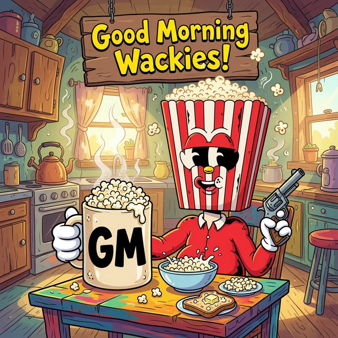 A cartoon popcorn mascot wearing a red outfit sits at a kitchen table holding a beer mug labeled 'GM' and a revolver, with a 'Good Morning Wackies!' sign hanging above.