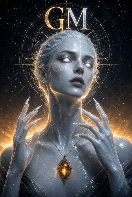 A fantasy digital illustration titled 'GM' depicts a pale, ethereal figure with glowing white eyes and long sharp nails, wearing a glowing amber pendant against a dark cosmic background with golden geometric patterns.