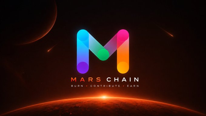 The image displays a vibrant, multi-colored stylized "M" logo for **MARS CHAIN**, set against a cosmic backdrop featuring a glowing planetary horizon (resembling Mars), shooting stars, and a dark reddish-orange space atmosphere. Below the logo is the tagline "MARS CHAIN" with the words "BURN • CONTRIBUTE • EARN," visually reinforcing the post's description of MarsChain's Proof of Contribution (PoC) model where users burn MARS tokens to earn hashpower and rewards.