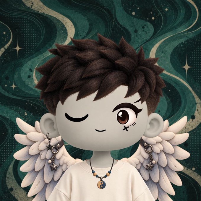A 3D-rendered cartoon-style character with brown spiky hair, white angel wings, and earrings winks at the viewer against a green patterned background.