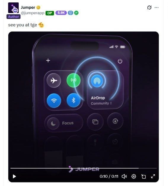 A social media post by Jumper (@jumperpapp) with 5.9K followers reads 'see you at tge' above an image showing an iPhone control center with the AirDrop icon highlighted by glowing blue rings, branded with 'JUMPER' at the bottom.