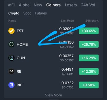A crypto market gainers list on the dApp showing TST (+30.65%), HOME (+26.79%), GUN (+16.29%), RE (+12.39%), and RIF (+9.58%), with a blue arrow drawn pointing to HOME.