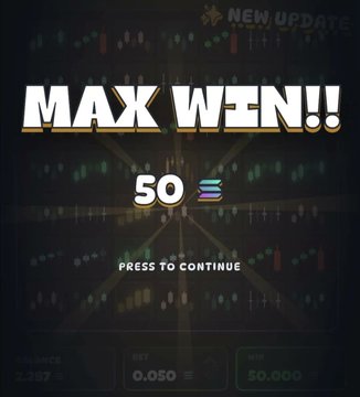 A gaming-style "MAX WIN!!" victory screen displays the achievement "50" next to a stack of coins, celebrating a 1000x multiplier win from 0.05 to 50 $SOL on rugs.fun. The "PRESS TO CONTINUE" prompt and "NEW UPDATE" banner reinforce the celebratory gaming aesthetic matching the post's excitement about the best day ever.